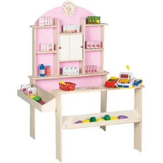 roba Kaufladen, inkl. Teile Zubehör, elektronische Kasse, Holz natur, rosa, weiß, Seitentheke & Uhr