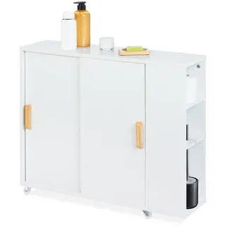 Relaxdays Nischenschrank Weiß Natur mit Rollen 4-Fächer , Holzwerkstoff, Holz, Kunststoff , 19.5x62x64 cm , Badezimmer, Badezimmerregale, Badregale