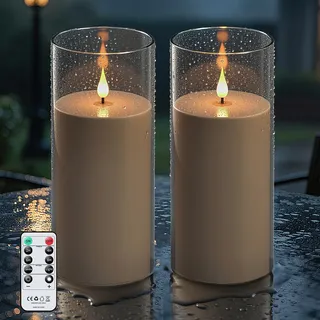 Forever Speed 2 Stück LED Kerzen Outdoor Wasserdichte mit Fernbedienung & Timer, 10cm x 22.5cm Acryl Batteriebetriebene Dimmbar Flammenlose Kerzen Groß für Äußere Dekorationen - Grau