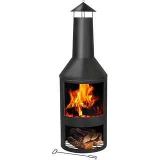 Gartenkamin mit Schornstein - Robuster Terrassenkamin - Inklusive Ascheauffangschale und Holzlager - Kohlenstoffstahl - 134 x 44,5 x 44,5 cm