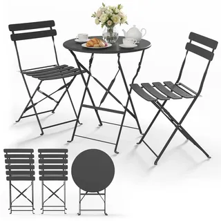 VOUNOT® Bistroset 3-teilig, Klappbar Bistrotisch mit 2 Stühlen, Metall Bistro Set Outdoor, Gartenmöbel Set, Sitzgruppe für Balkon, Terrasse, Garten & Wohnraum, UV- und wetterfest, Grau