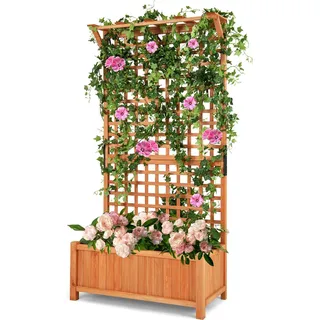COSTWAY Blumenkasten mit Spalier & Dach, Pflanzkasten Tannenholz, Hochbeet mit Rankgitter & Drainagelöchern, Gartenspalier, für Garten 90x44,5x183,5cm - Braun
