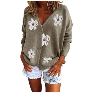 Damen Cardigan mit knöpfen Blumen-Stickerei Strickjacken Pullover Cardigan Langarm Casual Strickmantel Leichte Herbst Winter Kurz Grobstrick Jacke Strickjacke Strickweste
