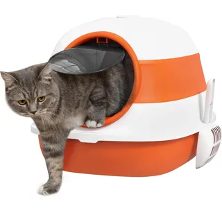 PawHut Katzentoilette mit Deckel, Katzenklo inkl. Deodorant, Bodengitter, Streuschaufel, Großer Innenraum für Katzen, Weiß+Orange, 52 x 41 x