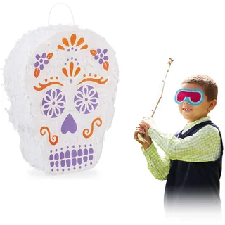 Relaxdays Pinata Totenkopf, zum Aufhängen, Tag der Toten, Halloween, Skull, zum selbst Befüllen, Papier, Piñata, weiß