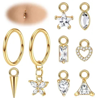 Adramata 14G Bauchnabelpiercing Chirurgenstahl Herz Schmetterling Hängend Ohr Set - Silber Gold Ring Körper Schmuck