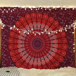 Bless International Handgefertigter indischer Hippie-, Bohemian-Pfauen-Mandala-Wandbehang, College-Schlafsaal, Strandüberwurf, Tischdecke, Bettwäsche, Wandteppich, Blau/Rot, Größe M (137 x 152 cm)