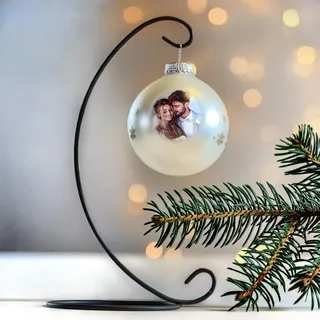 Contento - Personalisierte Glas-Weihnachtskugel Silber mit Ständer – Fotogeschenk aus Echtglas, Weihnachtskugel mit Bild, Weihnachtsdeko und Christmaskugel (silberfarben, Einzelkugel+Ständer)