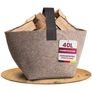 Designer Kaminholzkorb Filz [40L] - Made in Germany Holzkorb für Kaminholz aus Wollfilz mit Echtlederhenkel - Feuerholzkorb standfest und stabil (Beige - 40L)