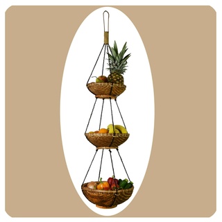 Rattan Hängekorb Bambus Hängeregal Boho Obstkorb Hängeetagere aus Naturmaterial