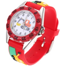UKCOCO Kinder-Silikonuhr Junge Kleinkind Spielzeug Kinder Bagger Spielzeug Kleinkind Uhren Baggermuster Uhr Kinderuhren Rote Uhr Entzückende 3D-Uhr Entzückende Kinderuhr Kinder 3D-Uhr
