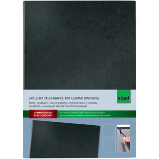 Sigel Speisekarten-Mappe / Präsentations-Mappe / Menükarte mit Gummi-Bindung für A4, schwarz mit edler Leinenstruktur, strapazierfähig und leicht abwischbar