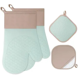 cozary Ofenhandschuhe Topflappen Set, Hitzebeständige 1 Paar Ofenhandschuhe und 2 Topflappen, Anti-Rutsch Silikon Handschuh für Kochen Backen Grillen - Hellgrün