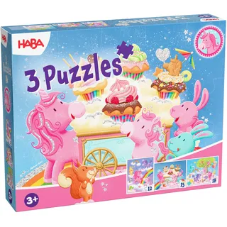 HABA 3 Puzzles - Einhorn Glitzerglück 12/15/18 Teile | 3 magische Einhorn-Motive mit je 12, 15 und 18 Teilen für wachsenden Puzzlespaß.