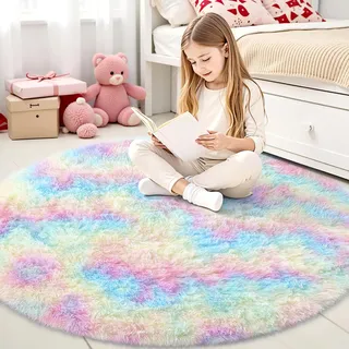 smiry Hochflor Teppich Wohnzimmer, Waschbar Anti-Rutsch Moderner Flauschiger Kuscheliger Teppich für Wohnzimmer Deko, Schlafzimmer, Kinderzimmer, 120 cm Rund, Regenbogen