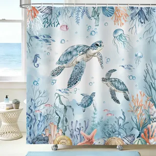 hometrixx Maritim Duschvorhang Schildkröte Unterwasserwelt Koralle 180x180 | Wasserdicht Polyester, Maschinenwaschbar, Badevorhänge mit 12 Ringe, Schimmelresistent Badezimmervorhang für Dusche Bad