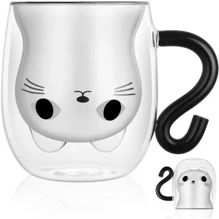 Vicloon Süße Katzenbecher Tasse Doppelwandige, Süße Katze Latte Macchiato Gläser Kaffeetasse, SüßeTasse mit Henkel, Süßes Tassen für Cappuccino, Latte Macchiato, Tee, EIS und Milch - Schwarz
