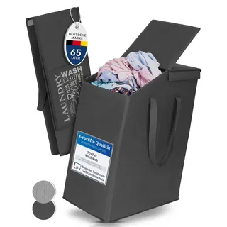 TOPP4u schmaler Wäschekorb mit Deckel - 65 L - 25x45x60cm faltbarer Nischen-Wäschesammler - Platzsparende Wäschebehälter Wäschesortierer schmal, hoch - Großer Wäsche-Organizer tragbar mit Griffen Grau