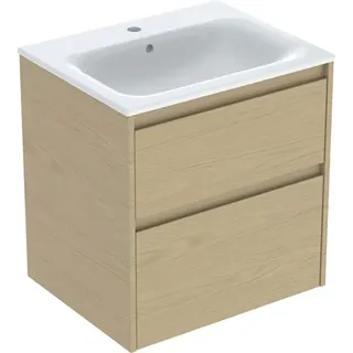 Geberit Renova Plan Set Möbelwaschtisch schmaler Rand, mit Unterschrank, 2 Schubladen, 60x62,1x48cm, 504.039.PS.1, Farbe: Waschtisch: weiß, Front/Korpus: Eiche natur/Melamin Holzstruktur