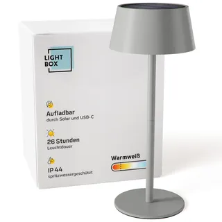 Lightbox LED Außen Tischlampe | Ø 13 cm | kabellose Outdoor Lampe mit Solar | 3 Stufen Touch Dimmer | Akku-betriebene Tischleuchte (4 W, 300 lm, 3000 K) aus Metall/Kunststoff in Grau | Balkon Deko
