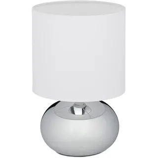 Relaxdays Tischlampe, runde Nachttischlampe mit Touch, HxD: 27,5 x 18 cm, E14, Tischleuchte mit Stoffschirm, silber/weiß
