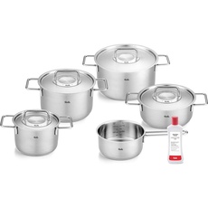 Fissler Pure Collection / Edelstahl-Kochtopfset, 6-teilig, Töpfe mit Metall-Deckel (3 Kochtöpfe,1 Bratentopf 1 Stielkasserolle 1 Edelstahlpflege) - Induktion, Silber