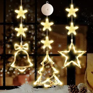 Dreifaches Weihnachtsfensterlicht – Batteriebetriebenes Warmweißes LED-Licht (Boom/Kugel/Stern) – Ziehknopf-Design für Weihnachtsbaum/Kachel – Innen/Außen