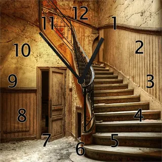 Wallario Design Wanduhr Rustikale Holztreppe aus Echtglas, Größe 30 x 30 cm - Schwarz