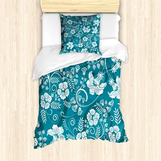 ABAKUHAUS Blumen Mantele, Floral Romantisches Beams, Milbensicher Allergiker geeignet mit Kissenbezügen, 135 cm x 200 cm - 80 x 80 cm, Petrol Blau Teal weiß - Blau