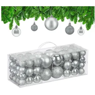 Relaxdays Weihnachtskugeln im 76er Set, Kunststoff, glitzernde, Matte, glänzende Baumkugeln, Christbaumschmuck, Silber