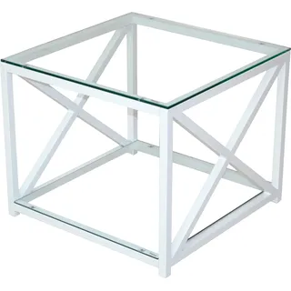 Beistelltisch HOME AFFAIRE, weiß, B:60cm H:50cm T:60cm, Eine ansprechende Bereicherung für das Wohnzimmer ist der dekorative Beistelltisch von Home affaire. Optisch zeichnet er sich durch eine schlichte Linienführung und die seitlichen Kreuzstreben aus. Das Gestell wird in hochwertiger Verarbeitung aus pulverbeschichtetem Metall gefertigt. Sowohl bei der Tischplatte als auch bei der unteren Ablage handelt es sich um Sicherheits-Klarglasplatten. Das Kleinmöbel kann ganz nach individuellen Anforderungen und
