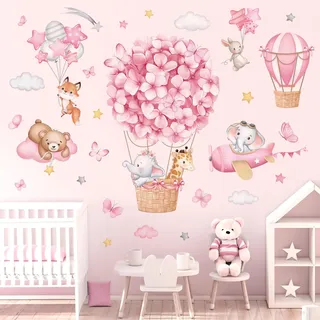wondever Wandtattoo Heißluftballon Rosa Wandaufkleber Tiere Blumen Elefant Giraffe Flugzeug Bär Wandsticker Wanddeko für Kinderzimmer Mädchen Babyzimmer Schlafzimmer
