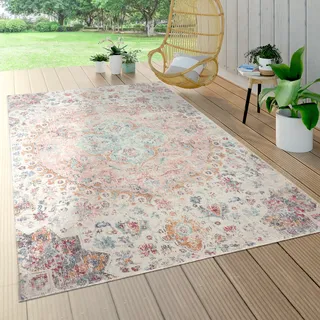 Outdoor Teppich Wetterfest Balkon Küche Orient Muster Vintage Pink Creme Beige Grösse 160 cm Rund - Rosa