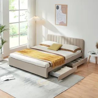 Polsterbett 'Nofrenna' Doppelbett mit 4 Schubladen 140 x 200 cm Leinen Beige - Beige