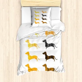 ABAKUHAUS Dackel Mantele, Vintage Silhouetten, Milbensicher Allergiker geeignet mit Kissenbezügen, 135 cm x 200 cm - 80 x 80 cm, Marigold Schwarz Orange - Orange