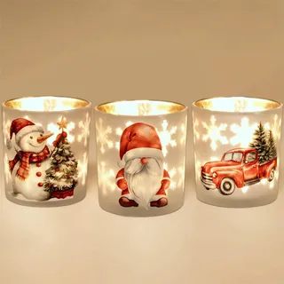 Romcanmy Teelichthalter Weihnachten, 3er Set Weiß Rot Windlicht Glas für Weihnachtstisch Deko, Modern Kerzenhalter Glas mit Weihnachtsmann Schneemann Weihnachtsbaum LKW für Party Winter Kamin Deko