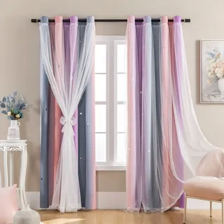 XiDi Traumstern Verdunkelungsvorhang für Kinderzimmer und Mädchenzimmer, Prinzessinnen-Vorhang für das Schlafzimmer der Tochter, Fensterdeko in Grau, Pink und Lila, 132 x 160 cm