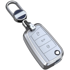ontto Autoschlüssel Hülle Abdeckung Passt für VW Golf 7 MK7 Jetta T-ROC Seat Leon 3 Ibiza Ateca Skoda Fabia Karoq Metall Leder Schlüsselcover Schlüsselanhänger Schlüsselhülle Schlüsselschutz-Weiß