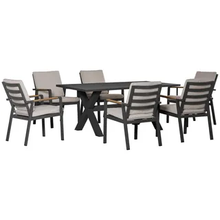 Outsunny Gartenmöbel-Set Sitzgruppe 1 Tisch+6 Stühle mit Auflagen Wetterfest Alu Schwarz+Grau , Metall, Kunststoff, Holz , Gartenmöbel, Gartengarnituren, Gartenmöbel-Sets