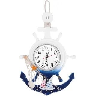 VOSAREA Maritime Holz Anker Wanduhr mit Segelboot Vintage Rustikale Nautische Meer Wandkunst Ornament Steuerrad Quarzuhr für Kinder Wohnzimmer Schlafzimmer Wandhänger Dekoration