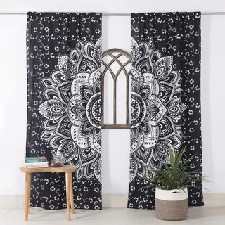 Popular Handicrafts Mandala-Vorhang, indischer Hippie-Stil, Boho-Stil, Ombré-Stil, Schwarz und Silber