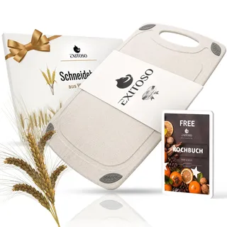 Exitoso Das Original Schneidebrett aus PP-Material & Weizenstroh, Saftrille und Griff, Frankfurter Brett, Spülmaschinenfest und antibakteriell Brotbrettchen, Schneidbrett 32x20