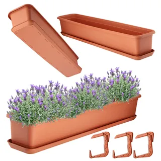 KADAX Blumenkasten 80 cm mit Untersatz und Halterung, Terracotta – Balkonkasten aus Kunststoff, Pflanzkasten für Innen- und Außenbereiche, Blumentopf für Balkon