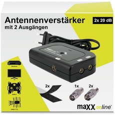 maxx.onLine Antennenverstärker mit 2 Ausgängen 2X 20 dB Verstärkung inkl. F-Adapter, 85-1006 MHz, Kabelfernsehen, Kabel Verstärker, Verstärker Wohnung
