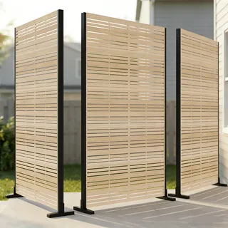 Metallprivatsschirm 183x120 cm, erhöhter Sichtschutzzaun, freistehender Balkonsichtschutz ohne Bohren, wetterfest für Innen Außen Terrasse Garten Veranda (3 Stück Holzoptik)
