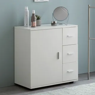 FineBuy Badschrank FB52416 Weiß 60x65,5x33 cm Midi-Schrank mit Tür & Schubladen Kleiner Beistellschrank Matt Badregal Schmal Freistehend - Weiß