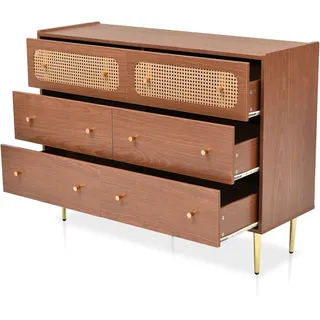 okwish Kommode mit Schubladen Rattan Sideboard Schlafzimmer Wohnzimmer 90x120x40cm Nussbaum