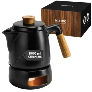 MIAMIO - Teekanne mit Stövchen Set / 1L / 1000 ml Tee Kanne mit Siebeinsatz und Deckel für losen Tee - Geschenk für Damen/Teeliebhaber (Schwarz)