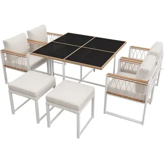 SOFTWEARY Garten-Essgruppe mit Esstisch, 2 Hocker und 4 Stühlen, (7-tlg), Gartenlounge-Set, Gartenmöbelset, Sitzgruppe - Beige