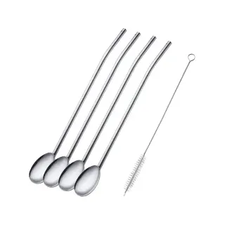 Westmark Trinkhalmlöffel, 4 Löffel, 1 Reinigungsbürstchen, Wiederverwendbar, Rostfreier Edelstahl, Silber, 62712260